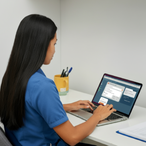 healthcare staff using Dash Chat to engage with patient on laptop